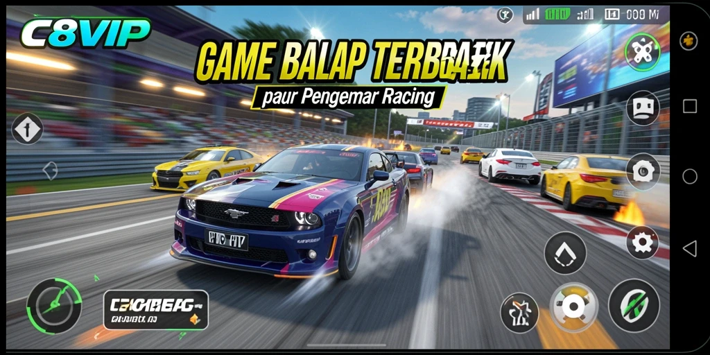 Screenshot C8VIP menunjukkan aksi balap yang menegangkan dan mobil yang menarik.