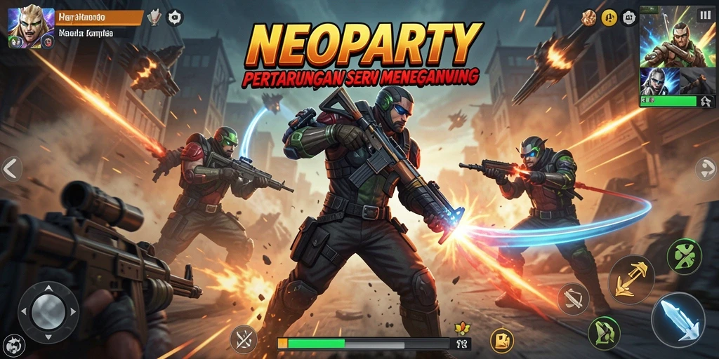 Tampilan action seru NEOPARTY dengan karakter bertarung.